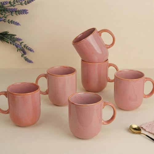 Image of The Earth Store Pink Cylus Coffee Mug - 320ML Ceramic Coffee Mugs Set of 6 | Microwave & Dishwasher Safe Mugs for Gift | Home | Office | Restaurant | Daily Use Tea Mug