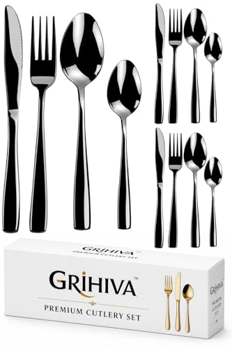 Image of 12 Pcs Black Mirror Polish Stainless Steel Cutlery Set for Dining Table with Spoons and Forks Set + Butterknives - The Perfect Tableware /Flatware