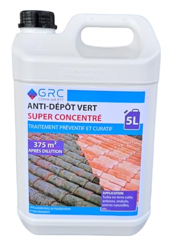 Traitement Anti-dépôt Vert Concentré pour Toitures, Façades et Terrasses – Élimine Lichens, Mousse et Algues – Bidon 5L Super Concentré pour Grandes...