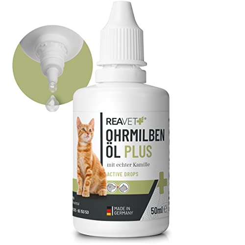 ReaVET Ohrmilbenöl Plus 50ml sofort wirksames Mittel für Katzen – gegen Ohrmilben mit Kamille für Katze, Sanfte Pflege bei Juckreiz im Ohr, Ohrentropfen Milben, Ohrenreiniger