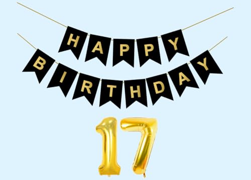 Image of 17th Happy Birthday Decoration Kit Black for 17 year Old Boys Girls Teenage with Number SeventeenParty Decorations Decor Celebration Items Item Set Combo Reusable Paper Banner