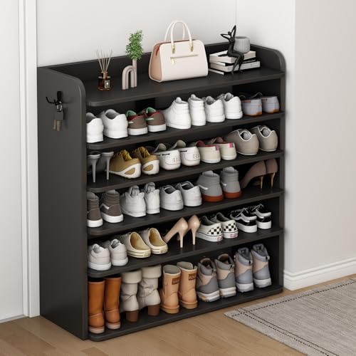 HE SHOEVA 5 Tier Shoe Rack, Wooden Shoe Storage Cabinet, Large Capacity Tall Shoe Shelf Free Standing Shoe Rack Organizer for Closet Entryway Garage Bedroom, Black