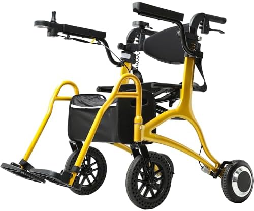 CARLIKE 3 in 1 Electric Wheelchair & Lightweight Rollator Walker with Seat & Foldable Transport Wheel Chair for Seniors Adults, Motorized Mobility Scooters, All Terrain Power Wheel (Golden Yellow)