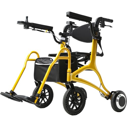 CARLIKE 3 in 1 Electric Wheelchair & Lightweight Rollator Walker with Seat & Foldable Transport Wheel Chair for Seniors Adults, Motorized Mobility Scooters, All Terrain Power Wheel (Golden Yellow)