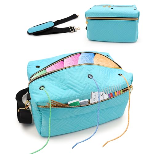 Image of Crochet Bag Organizer, Yarn Bag for Crocheting, Knitting Bag and Totes with Removable Shoulder Strap, Yarn Organizer Holder for Crochet Accessories, Knitting Needles (Blue)