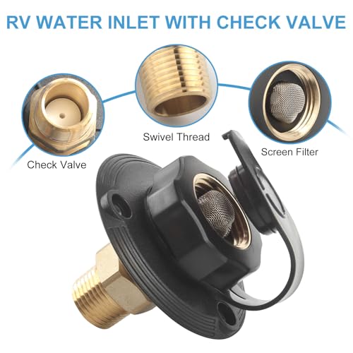 Image of RV City Water Inlet with Check Valve, RV Water Fill Inlet 3 /4 NH Female to 1 /2 NPT Male Black Flange, City Water Inlet for Camper RV Trailer Motorhome Marine