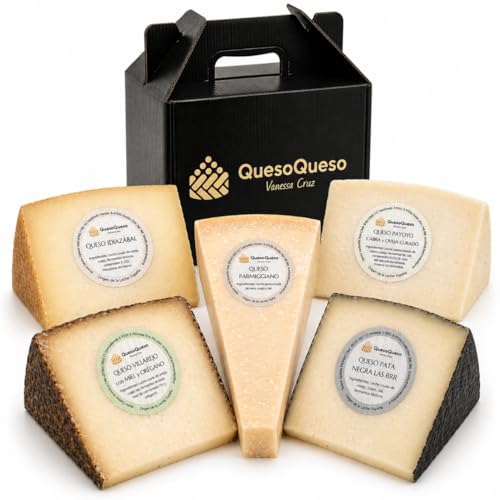 QUESOQUESO® Caja de Quesos Gourmet Regalo | Regalo Personalizado | 5 Cuñas Queso Curado de Oveja, Cabra y Vaca | Queso Parmesano, Payoyo, Idiazabal, Andaluz y con miel y oregano | 'Pack Más Buscados'