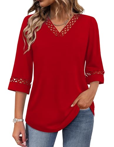 Image of WIHOLL Womens Tops Eyelet Lace V Neck 3 /4 Bell Sleeve Blouses Dressy Casual Work Shirt 2026 Summer Fall Fashion Clothing