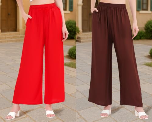 Image of Buy That Trendz Palazzo Pants for Women Rayon Elasticated Regular Fit Flared Wide Leg M to 6XL Pack of 2