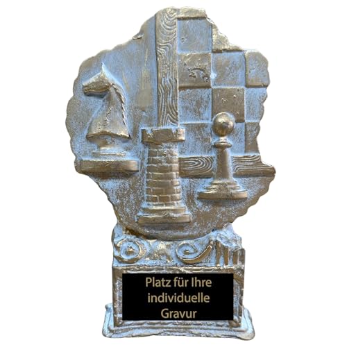 eberin Trofeo de ajedrez de 18,5 cm completamente de resina, elegante trofeo con tablero de ajedrez y figuras, premio de alta calidad, incluye grabado, se entrega montado