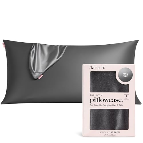 Kitsch Funda de Almohada refrescante de 100% satén con Cremallera, más Suave Que la Seda, Ideal para el Cabello y la Piel (King, 1 Paquete, carbón)