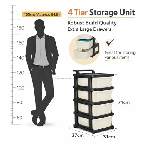 Image of KITCHIVO Heavy Duty Plastic Storage Drawer with Wheels | Modular Cabinet for Bedroom, Office, Home or Classroom| Chest of Drawers Organiser for Cosmetics, Kitchen items, Toys (Black & Ivory, 4)