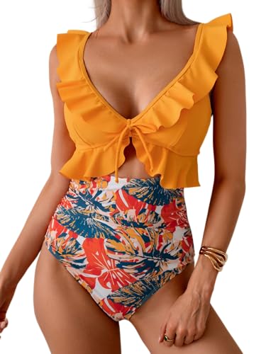 Image of Eomenie One Piece Swimsuit for Women Tummy Control Ruffle Bathing Suit V Neck Ruched Swim Suit Slimming Cutout Swimwear