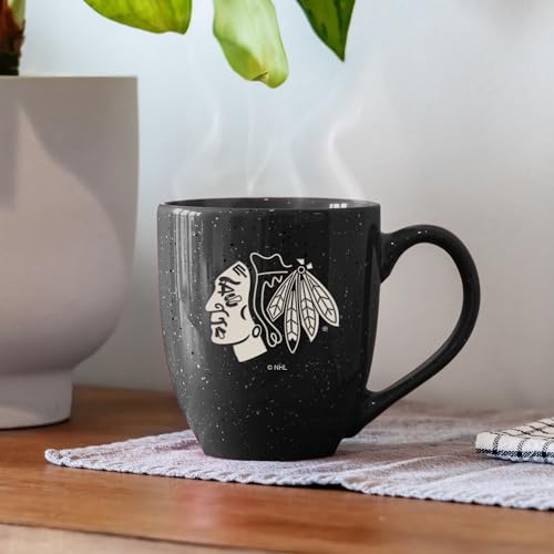 Image of Rico Industries NHL Hockey Chicago Blackhawks Black Personalized 16 oz Team Color Laser Engraved Speckled Ceramic Coffee Mug