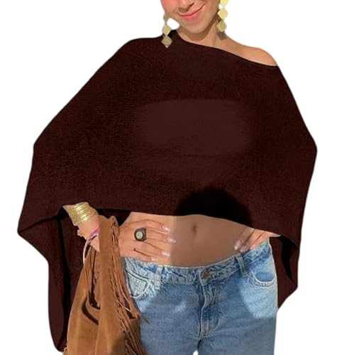 Amiblvowa Women Sheer Dark Brown Poncho Top Lightweight Crochet Mesh Shawl See Through Knit Shrug Off the Shoulder Festival Top Swimsuit Cover Up Y2K Trendy Summer Beach Vacation Outfits