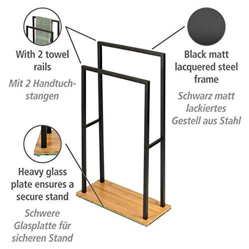 WENKO Toallero de pie «Bambusa», con 2 barras verticales para toallas, base de bambú, estructura de acero negro, estilo loft, accesorio de baño sostenible, 46 x 20 x 80 cm, color natural/negro - imagen 2