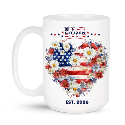 US Citizenship EST.2026 White Mug 15oz, Double-Sided USA Flag & Flower Coffee Cup, Gifts...