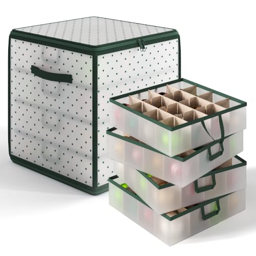 Image of Hearth & Harbor Christmas Ornament Storage Box With 4 Inner Tray Dividers - Plastic Ornament Storage Container For 64 Holiday Ornaments or Decorations - Green