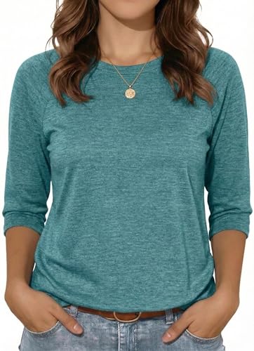 rosemia Womens Shirt 3/4 Sleeve Tops Crew Neck Spring Loose Casual Tshirts Basic Fall Tunic Tops Blue Green L