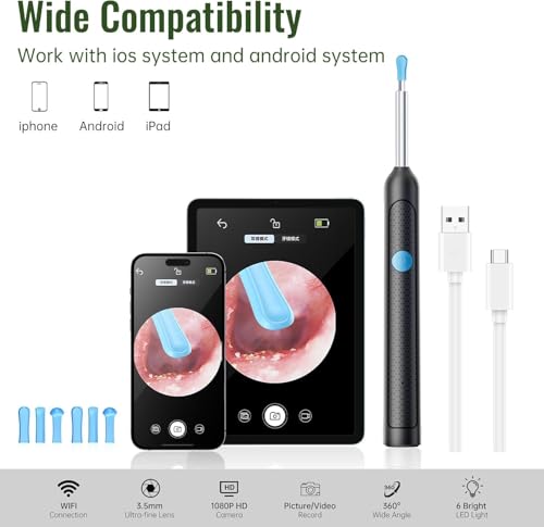 Image of New Ear Cleaner Tool Endoscope Otoscope, Ear Wax Cleaner with 1080p FHD Camera Ear wax remover Tool with Wifi Connection & 6 LED Lights Multi