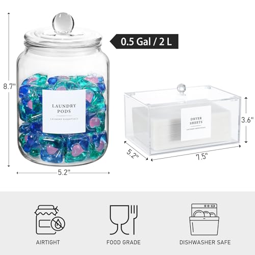 Image of LANDNEOO Glass Jars and Dryer Sheet Holder, Dispenser Set with Lids and Labels, Containers for Laundry Room Organization and Storage