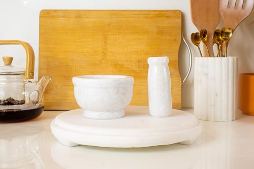 Image of B.R. & Sons 4 Inch White Marble Mortar and Pestle Set | Stylish Imam Dasta, Ohkli Musal for Spices & Herbs - Available in Various Shapes & Colors (WHITE POLISHED 4 INCH)