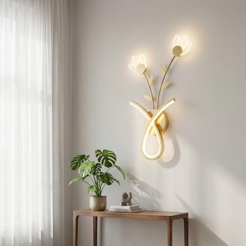 Image of Wall Light 3-Color CCT (Warm + Natural + Cold White) LED Gold Floral Vase Design Metal Acrylic Wall Lamp for Bedroom Living Room