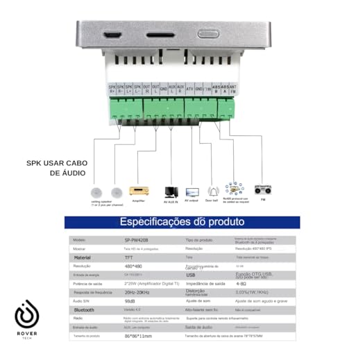 Rover Tech M86E2 Amplificador de Parede Bluetooth, Tela Touch, Controle Remoto
