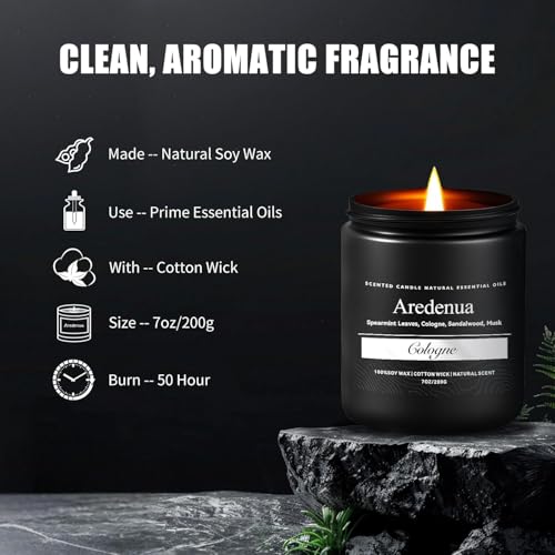 Image of Cologne Candle | Scented Candles for Home, Manly Candles Gifts for Women Men - 7oz Soy Candle for Home Scented - Aromatherapy Gifts for Men - 50 Hours Long Burning - Black Jar