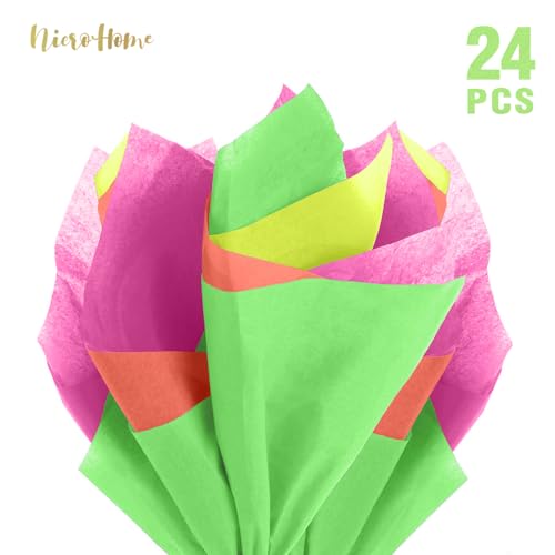 NICROHOME EUR 24 folhas de papel de seda neon, papel de embrulho de tecido brilhante de 4 cores para