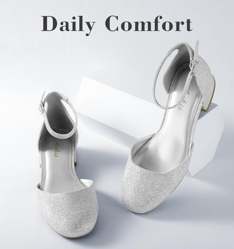 Image of Ankis Silver Closed Toe Heels for Women, 1 Inch Women's Flats Low Block Heel Women Dress Shoes Womens Pumps Work Shoes with Ankle Strap for Spring Fall