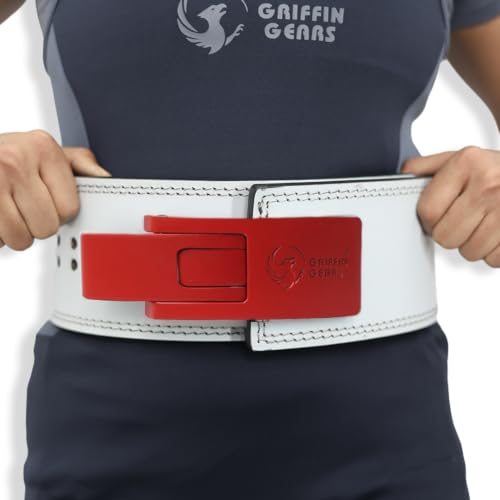 Image of 10MM Lever Gym Belt for Men & Women | 100% Full Grain Genuine Leather Powerlifting Belt | IPF Standard Weight Lifting Belt | Red Buckle with White Belt - Size L