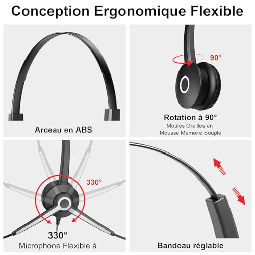 Casque USB avec microphone PC léger pour bureau et télétravail