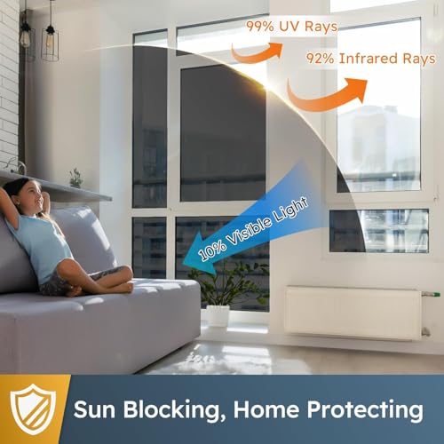 Image of WISDOM Window Privacy Film,One Way Mirror Film Daytime Anti UV Sun Blocking Heat Control Reflective Film Decorative Static Cling Home Office Living Room (20in x 11Feet, Silver Black)