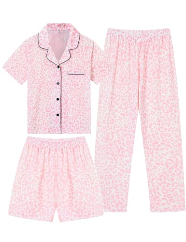SWOMOG Kids Pajamas Sets 3PCS Short Sleeve Long Pants with Shorts Girls Boys Button Down PJS Cute Loungewear for 4T-15Years,
