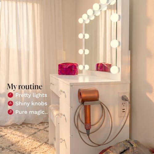 Image of Boahaus Cleo Vanity Desk with Framed Bulb Mirror & Stool - 5 Drawer Makeup Station with Integrated Power
