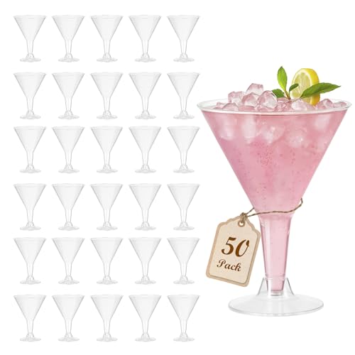 Plastic Martini Glasses Disposable 50 Pack, 6.32 oz Bulk for Parties, Poolside, Wedding, Drinking, Desserts, Appetizers, Birthdays, Outdoor - Clear Shatterproof Cocktail Cups with Detachable Stem