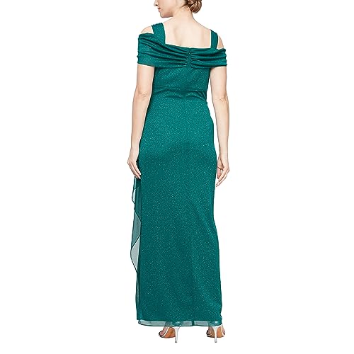 Image of Alex Evenings Women's Long Cold Shoulder Glitter Mesh Gown with Cowl Neckline, Emerald Green, 16