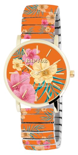Raptor Damenarmbanduhr Frida Kahlo Edition mit Zugband (Mehrfarbig - Orange mit Blumenmuster)
