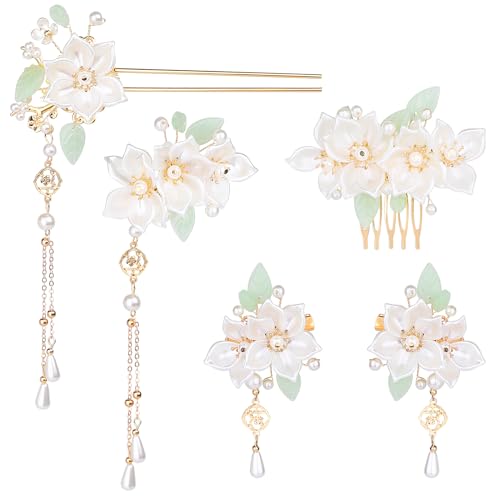 KALIONE 5 PCS Lily Flower Tassels Hairpin Set, Rhinestone Pearl Flower Wedding Hair Styling Pins Vintage Chinese Hanfu Traditional Bride Hair Making Headpiece Accessories Party Favor for Women Girls