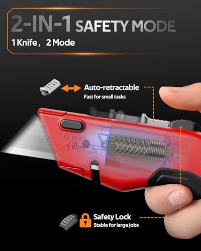 Image of VOTREK Box Cutter Utility Knife, [2-in-1] Retractable Box Cutter, Heavy Duty Safety Sharp Razor Knife for Home & Warehouse Cardboard, Carpet, [Blade Storage], with Extra Razor & Hook Blades (Red)