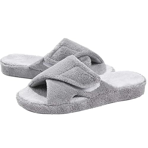 Zapatillas de Interior difusas for Mujer, Zapatillas Ajustables de Tela de Rizo con Soporte for el Arco, Zapatos de casa con Punta Abierta for Las Cuatro Estaciones(Gray,41(9.8 Inch))