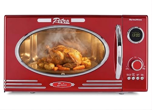 Salco Mikrowelle 2 in 1 Retro-Style mit Grillfunktion - 23 l Garraum metallic-rot 900 W - 12 Funktionen inkl. Auftauen Grillen & Wärmen Express-Funktion - inkl. Drehteller & Grillaufsatz