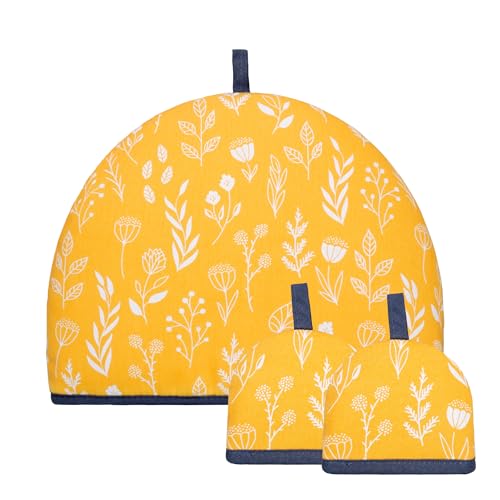 Tea Cosy and Egg Cosy Set of 3 – Floral Mustard with White Flowers, 100% Cotton, Insulated Tea Cosy and 2 Egg Cosies for Kitchen & Breakfast