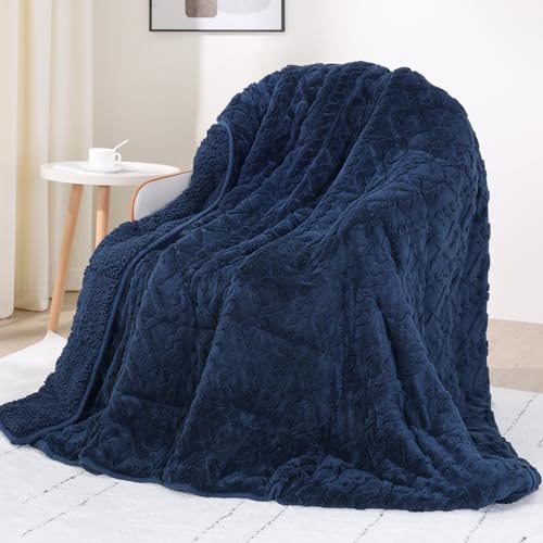 Image of Drewin Weighted Blanket for Adults 20lbs Dual Sided Sherpa Weighted Blankets Posh Jacquard Cozy Warm Weighted Throw Blanket for Sleeping and Calming, Queen Size 60x80 inches, Navy Blue