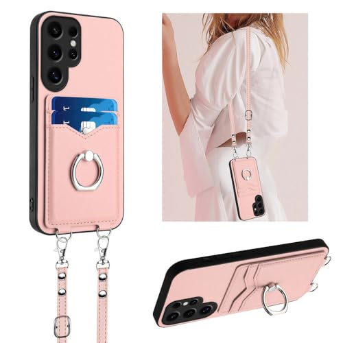 Étui porte-cartes rose à bandoulière pour Samsung Galaxy S24 Ultra et A55