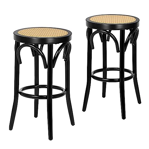 ALFORDSON Bar Stools 2Pcs Vintage Kitchen Dining Chair with 65cm Rattan Mesh Seat, Bohemian & Scandinavian Iron Counter Barstools with Footrest Leg Levelers for Home Bar Dining Room (Renata Black)