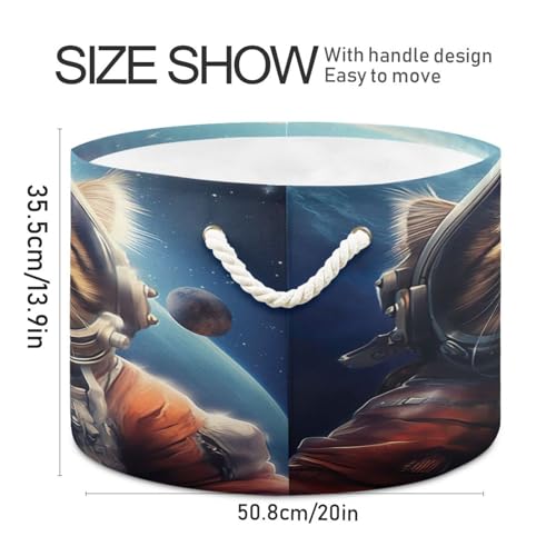 Round Space Astronaut Cat Funny Storage Basket Large Organizer Bin Laundry Hamper Toy Storage Basket with Handle for Nursery Clothes Toys 202b4770