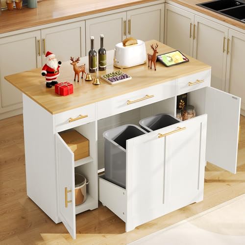 YITAHOME Kitchen Island with Drop Leaf, 55 inch Rolling Kitchen Carts, Modular Pull Out Trash Can Cabinet Fits Double 10-Gallon Garbage Bin, Mobile Island Table with 3 Drawers for Dining Roo