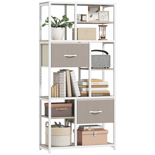 HOMCOM Étagère de rangement 6 niveaux, bibliothèque avec 2 tiroirs en tissu, 9 étagères ouvertes, meuble de rangement cadre en acier pour salon, bureau,...